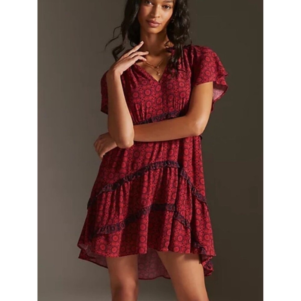 Anthropologie Red Patterned V-Neck High-Low Tiered Dress